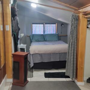 a bedroom with a bed with blue pillows and a window at Outlaw Cache in Chama