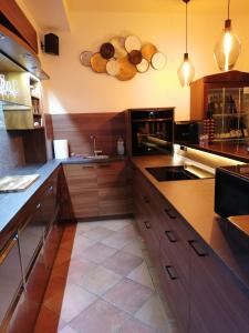 a large kitchen with wooden cabinets and a sink at Ferienwohnung Schuhmann mit Wintergarten und Garten Therme Aquapulco und IKUNA Erlebnispark, ZOO Schmiding 20 min mit Auto entfernt AB 3 NÄCHTE BUCHBAR in Hinzenbach