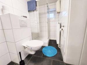 ein Badezimmer mit einem weißen WC und einem blauen Teppich in der Unterkunft 1 Room Apartment in Burscheid in Burscheid