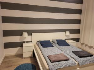 een slaapkamer met 2 bedden en een gestreepte muur bij Apartament Vistula in Krakau