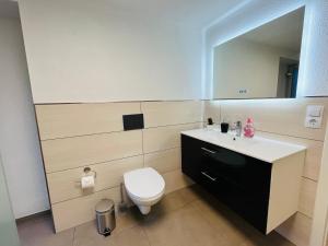 a bathroom with a toilet and a sink and a mirror at Zuhause bei Zampich in Wermelskirchen