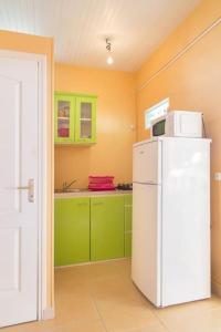 uma cozinha com armários verdes e um frigorífico branco em Studio Colibri... Cap sur le Nord ! em Marigot