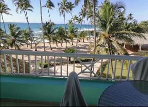 璜多里奧的住宿－condominio albatros mar caribe，享有海滩和棕榈树景致的阳台
