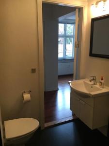y baño con aseo blanco y lavamanos. en Stor lejlighed tæt på centrum., en Viborg