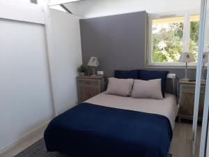 - une chambre avec un lit bleu et blanc et une fenêtre dans l'établissement Maison Urt, 4 pièces, 6 personnes - FR-1-239-653, à Urt