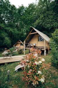 a cabin with a tent in a field with trees at Glamping Pian delle Ginestre in Sassetta