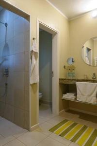 bagno con doccia, lavandino e specchio di Chacana a El Encón