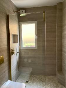 a bathroom with a shower and a toilet and a window at La casita del Pisueña in La Cueva +7 photos