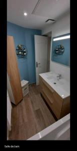 a bathroom with a white sink and a blue wall at Maison au calme avec terrasse, climatisé in Vertaizon