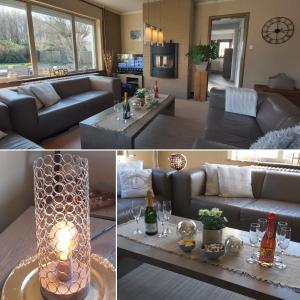 a collage of photos of a living room with a couch at Vakantievilla Het Dunehuys in De Panne