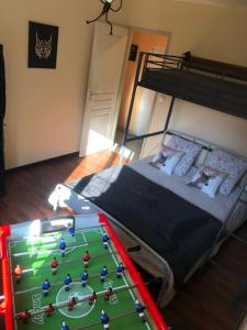 a bedroom with a bed and a pool table at Gite de la cascade in Les Planches-près-Arbois