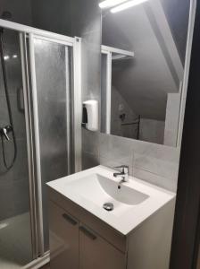 uma casa de banho com um lavatório branco e um chuveiro em APT 1 Acollidor al Centre Històric de Vic APTGARBI em Vic
