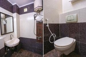 twee foto's van een badkamer met toilet en wastafel bij FabHotel Red Roof Residency in Noida