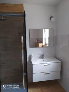 a bathroom with a white sink and a mirror at Apartament Radochów 138G in Lądek-Zdrój