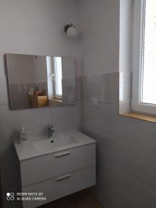 a bathroom with a white sink and a mirror at Apartament Radochów 138G in Lądek-Zdrój