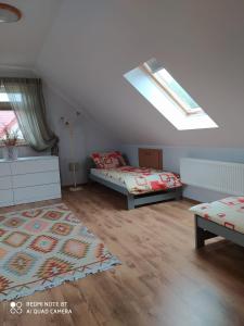 a attic bedroom with two beds and a skylight at Apartament Radochów 138G in Lądek-Zdrój