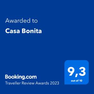 a blue text box with the words awarded to casa bonita at Casa Bonita in Valle Gran Rey