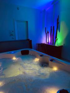 um quarto com jacuzzi com luzes em « Le Chai » Charme, Spa et massages en vignoble em La Haie-Fouassière