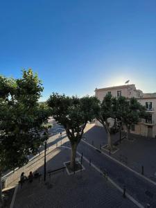 grupa drzew na ulicy z budynkami w obiekcie So'Conciergerie - Charmant studio en plein centre. w Cassis