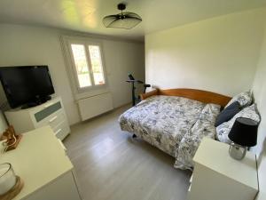 um quarto com uma cama e uma televisão de ecrã plano em maison plain pied Charleval em Charleval