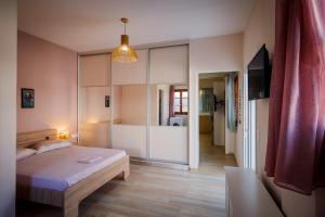 a bedroom with a bed and a television in it at Sunny Sofi Studios in Plános