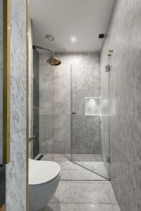 uma casa de banho com um WC e uma cabina de duche em vidro. em Pera Rasso Hotel em Istambul