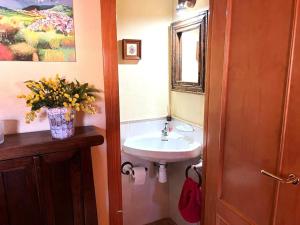 baño con lavabo y jarrón de flores en Bonita casa adosada con gran jardín, en Osséja