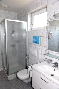La salle de bains est pourvue d'une douche, de toilettes et d'un lavabo. dans l'établissement Ferienwohnungen Wegleitner Erich und Michaela, à Illmitz