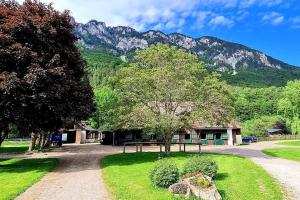 a park with a house and mountains in the background at Cosy Family Apartment in Reichenau