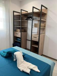 Un dormitorio con una cama azul y un estante de libros en Le Pavillon du trou d'eau, en La Saline-Les-Bains