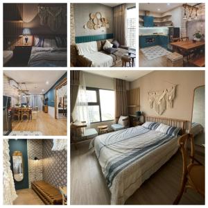 un collage de cuatro fotos de un dormitorio en NK#Homestay#Vinhomes#Oceanpark#1PN#C37, en Gia Lâm Pho