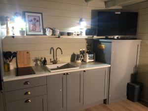 a kitchen with a sink and a microwave at Highland cabin - relaxing hot tub in Inverness