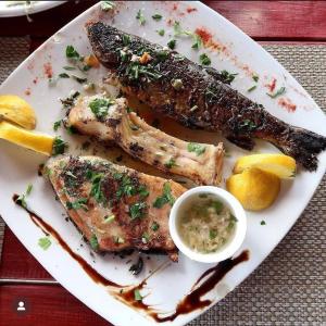 a plate of food with fish and a dipping sauce at Skadar Lake Family Resort in Rijeka Crnojevića