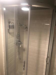 y baño con ducha y puerta de cristal. en Highland cabin - relaxing hot tub, en Inverness