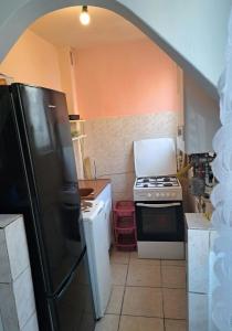 a kitchen with a black refrigerator and a stove at Apartament Amurg in Dej