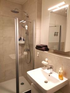 a bathroom with a shower and a sink and a shower at Gemütliches Privatzimmer in geräumiger Gemeinschaftswohnung in Dresden