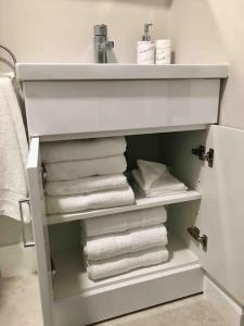 a bathroom with a white sink and towels at Shimna Vale Studio in Newcastle