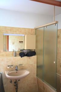 a bathroom with a sink and a glass shower at Auszeit in Immenstaad am Bodensee