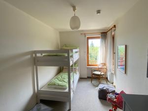 a bedroom with bunk beds in a room with a window at Auszeit in Immenstaad am Bodensee