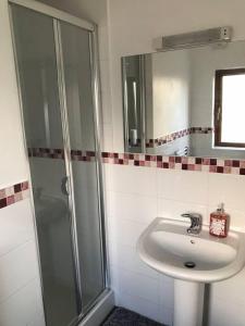 a bathroom with a shower and a sink at Blacklaines Annexe Birdlip - Pet friendly! in Gloucester