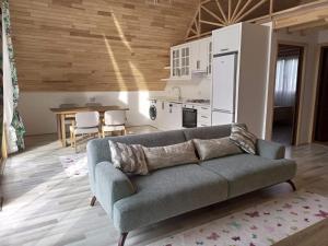 a living room with a couch and a kitchen at Bellerofon villa in Cıralı
