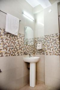 uma casa de banho com um lavatório e um espelho em Samriti Apartments em Shimla