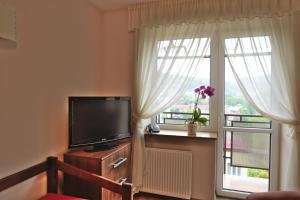 a living room with a tv and a window at Bajka in Krynica Zdrój