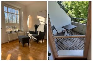 dos fotos de una sala de estar y una escalera en Wohlfühl-Wohnung in gehobener Gegend en Magdeburgo
