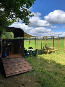 a gazebo with a picnic table in a field at Willow Yurt in Fernhurst