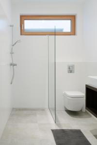 La salle de bains est pourvue de toilettes et d'une porte de douche en verre. dans l'établissement manō, à Barlinek