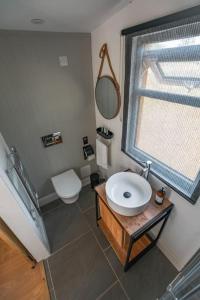 a bathroom with a sink and a toilet at Lakeside Lodge- 'Swallow' in Bishampton