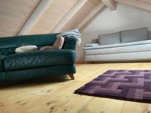 uma sala de estar com um sofá verde e um tapete em Teichalm Lodge Landhaus em Fladnitz an der Teichalm