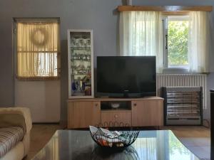 a living room with a flat screen tv on a entertainment center at Confortable house in nature in Fofóla