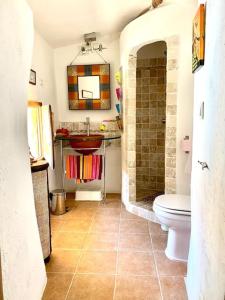 a bathroom with a toilet and a sink at Coquette maison de village pour 4 pers in Quinson